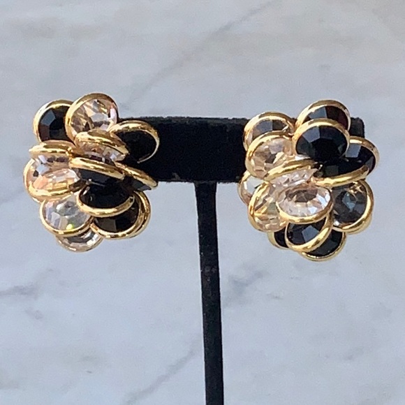 SWAROVSKI EARRINGS CLEAR & BLACK FACETED CRYSTAL GOLD MARKED SWAN CLIP VINTAGE - Picture 6 of 14